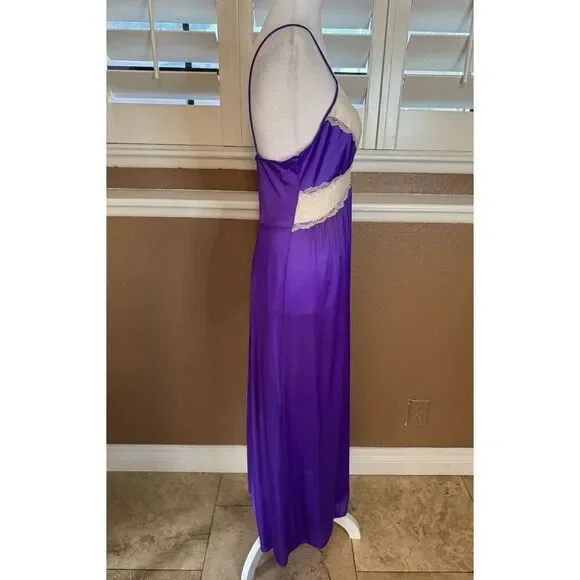 Vintage Size S Lace Trim Floor Length Lingerie Nightgown Royal Purple Romantic - Picture 3 of 8